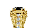 Yellow gold Hexagon Bezel Fancy Black Emerald Cut Diamond Milgrain Split Shank Ring_5