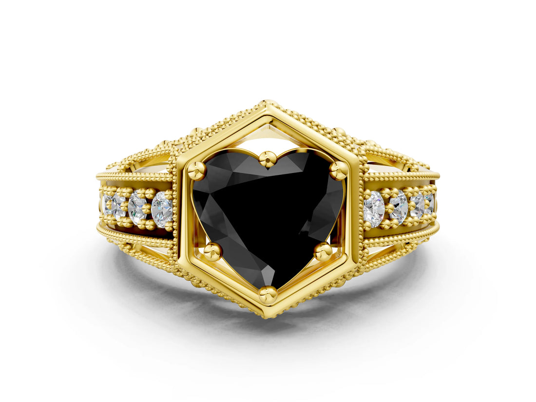 Yellow gold Hexagon Bezel Fancy Black Heart Cut Diamond Milgrain Split Shank Ring