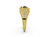 Yellow gold Hexagon Bezel Fancy Black Heart Cut Diamond Milgrain Split Shank Ring_2