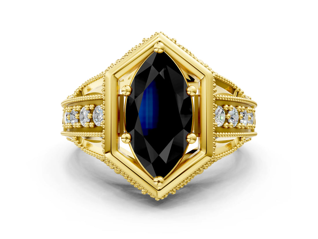 Yellow gold Hexagon Bezel Fancy Black Marquise Cut Diamond Milgrain Split Shank Ring