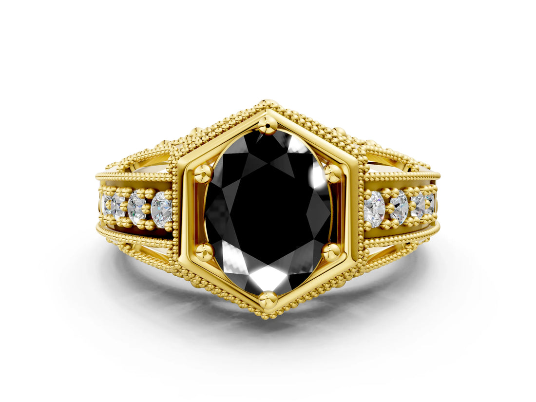 Yellow gold Hexagon Bezel Fancy Black Oval Cut Diamond Milgrain Split Shank Ring