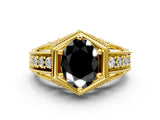 Yellow gold Hexagon Bezel Fancy Black Oval Cut Diamond Milgrain Split Shank Ring