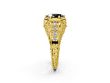Yellow gold Hexagon Bezel Fancy Black Oval Cut Diamond Milgrain Split Shank Ring_2