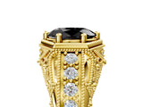 Yellow gold Hexagon Bezel Fancy Black Oval Cut Diamond Milgrain Split Shank Ring_5