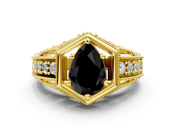 Yellow gold Hexagon Bezel Fancy Black Pear Cut Diamond Milgrain Split Shank Ring