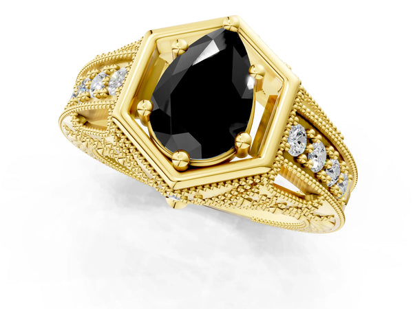 Yellow gold Hexagon Bezel Fancy Black Pear Cut Diamond Milgrain Split Shank Ring