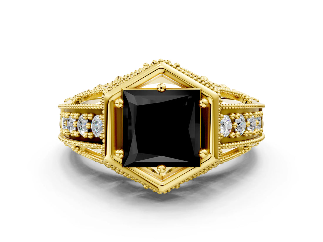 Yellow gold Hexagon Bezel Fancy Black Princess Cut Diamond Milgrain Split Shank Ring