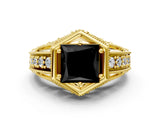 Yellow gold Hexagon Bezel Fancy Black Princess Cut Diamond Milgrain Split Shank Ring