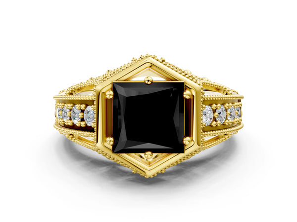 Yellow gold Hexagon Bezel Fancy Black Princess Cut Diamond Milgrain Split Shank Ring