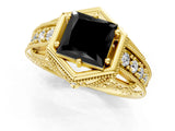 Yellow gold Hexagon Bezel Fancy Black Princess Cut Diamond Milgrain Split Shank Ring_1