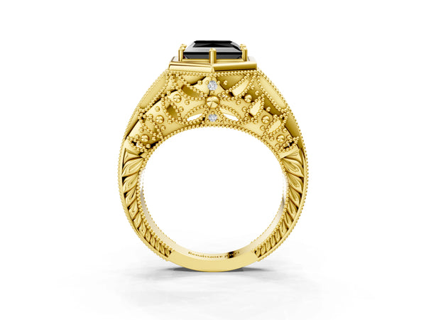 Yellow gold Hexagon Bezel Fancy Black Princess Cut Diamond Milgrain Split Shank Ring
