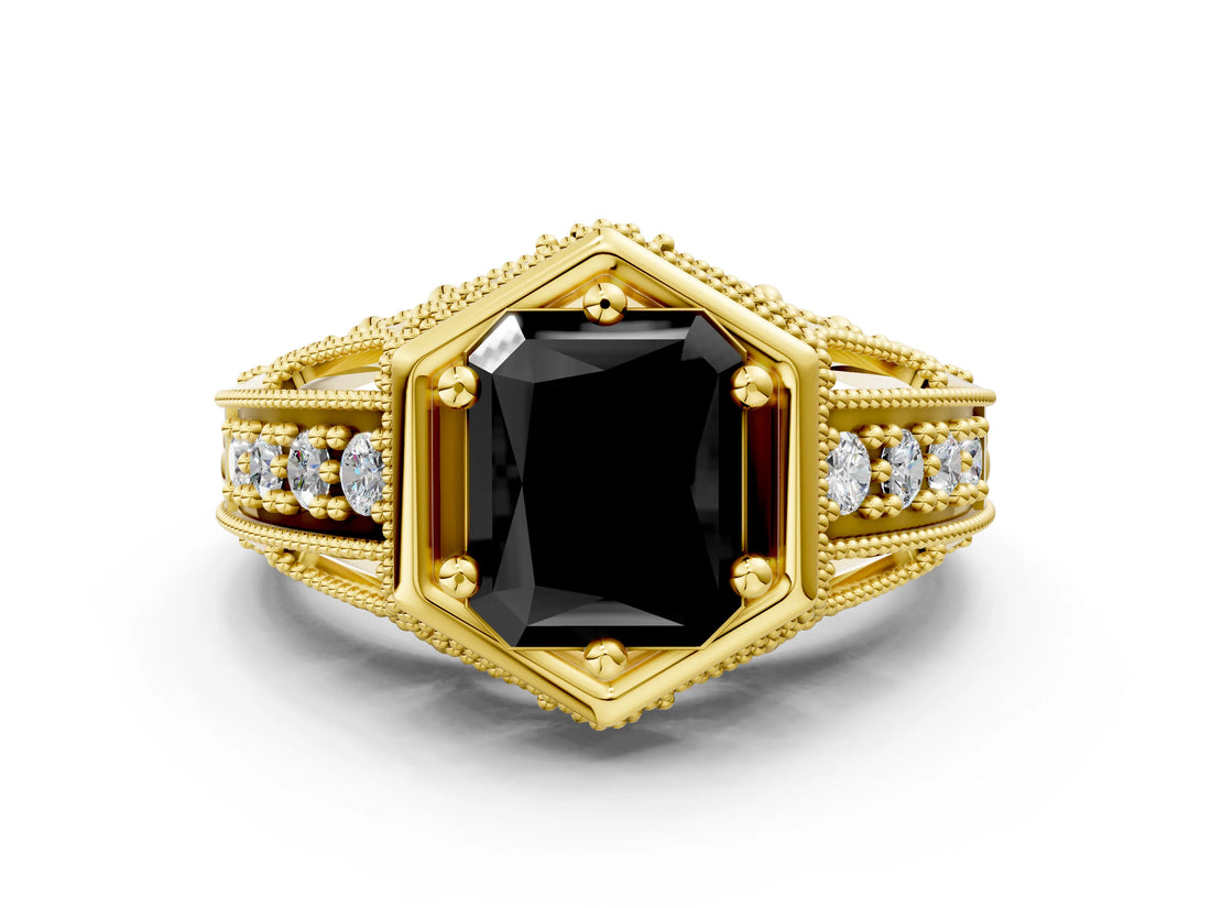 Yellow gold Hexagon Bezel Fancy Black Radiant Cut Diamond Milgrain Split Shank Ring