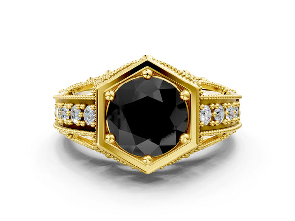 Yellow gold Hexagon Bezel Fancy Black Round Cut Diamond Milgrain Split Shank Ring