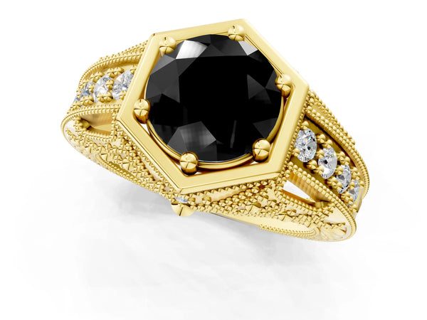 Yellow gold Hexagon Bezel Fancy Black Round Cut Diamond Milgrain Split Shank Ring
