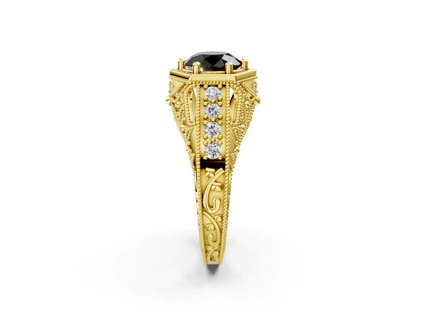 Yellow gold Hexagon Bezel Fancy Black Round Cut Diamond Milgrain Split Shank Ring