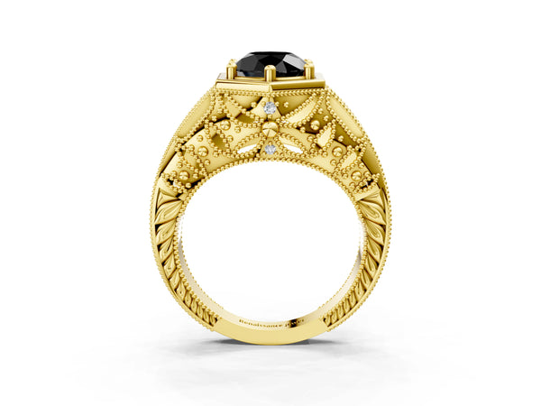 Yellow gold Hexagon Bezel Fancy Black Round Cut Diamond Milgrain Split Shank Ring