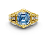 Yellow gold Hexagon Bezel Fancy Blue Asscher Cut Diamond Milgrain Split Shank Ring