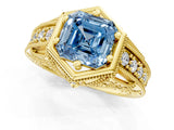 Yellow gold Hexagon Bezel Fancy Blue Asscher Cut Diamond Milgrain Split Shank Ring_1