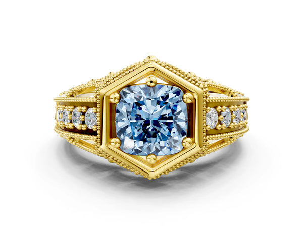 Yellow gold Hexagon Bezel Fancy Blue Cushion Cut Diamond Milgrain Split Shank Ring