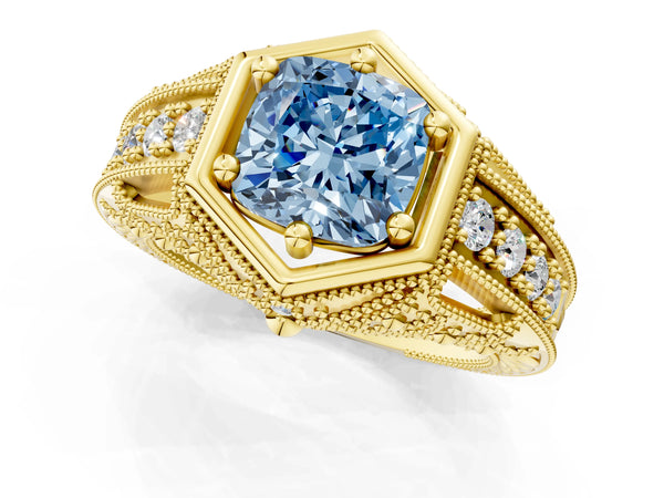 Yellow gold Hexagon Bezel Fancy Blue Cushion Cut Diamond Milgrain Split Shank Ring