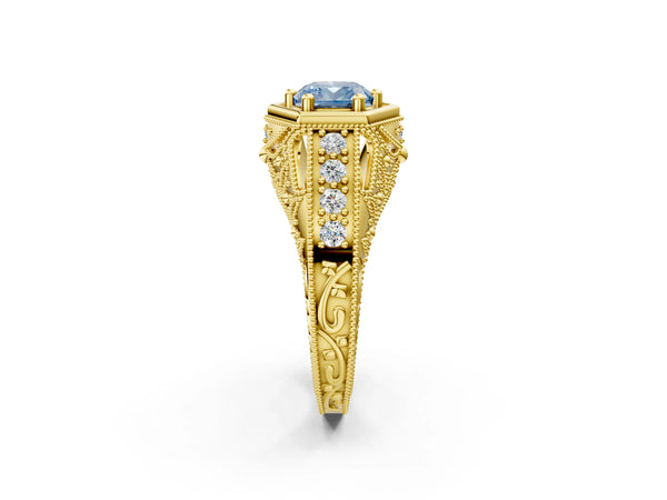 Yellow gold Hexagon Bezel Fancy Blue Cushion Cut Diamond Milgrain Split Shank Ring