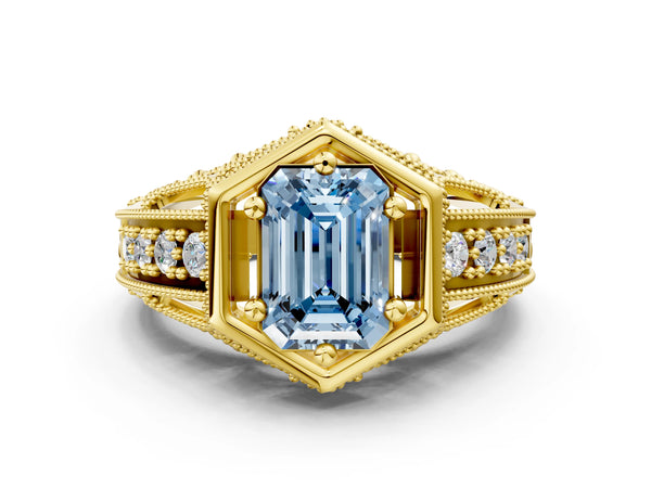 Yellow gold Hexagon Bezel Fancy Blue Emerald Cut Diamond Milgrain Split Shank Ring