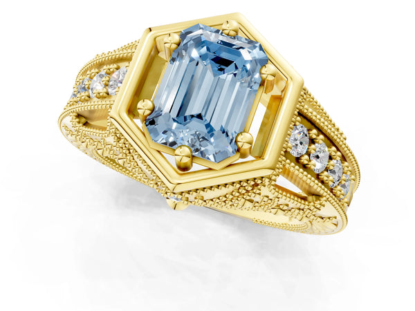Yellow gold Hexagon Bezel Fancy Blue Emerald Cut Diamond Milgrain Split Shank Ring