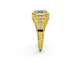Yellow gold Hexagon Bezel Fancy Blue Emerald Cut Diamond Milgrain Split Shank Ring_2