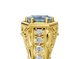 Yellow gold Hexagon Bezel Fancy Blue Emerald Cut Diamond Milgrain Split Shank Ring_5