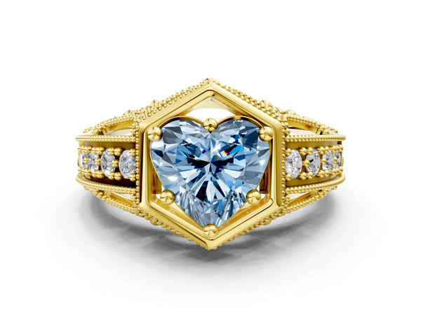 Yellow gold Hexagon Bezel Fancy Blue Heart Cut Diamond Milgrain Split Shank Ring