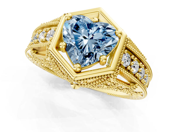 Yellow gold Hexagon Bezel Fancy Blue Heart Cut Diamond Milgrain Split Shank Ring