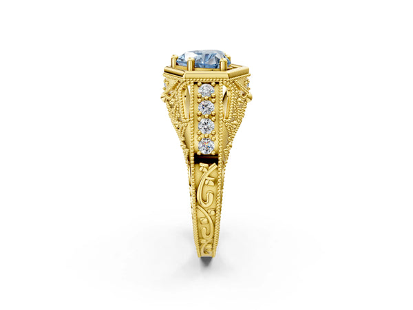 Yellow gold Hexagon Bezel Fancy Blue Heart Cut Diamond Milgrain Split Shank Ring