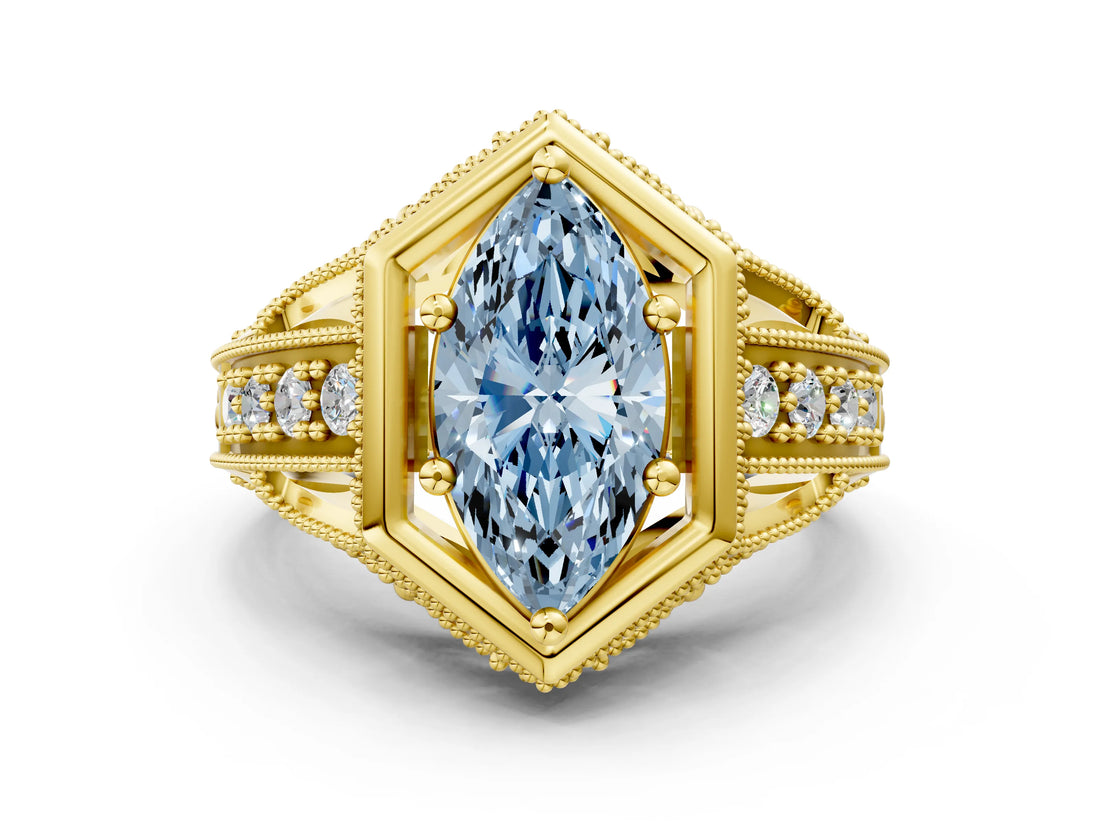 Yellow gold Hexagon Bezel Fancy Blue Marquise Cut Diamond Milgrain Split Shank Ring