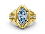 Yellow gold Hexagon Bezel Fancy Blue Marquise Cut Diamond Milgrain Split Shank Ring