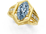 Yellow gold Hexagon Bezel Fancy Blue Marquise Cut Diamond Milgrain Split Shank Ring_1