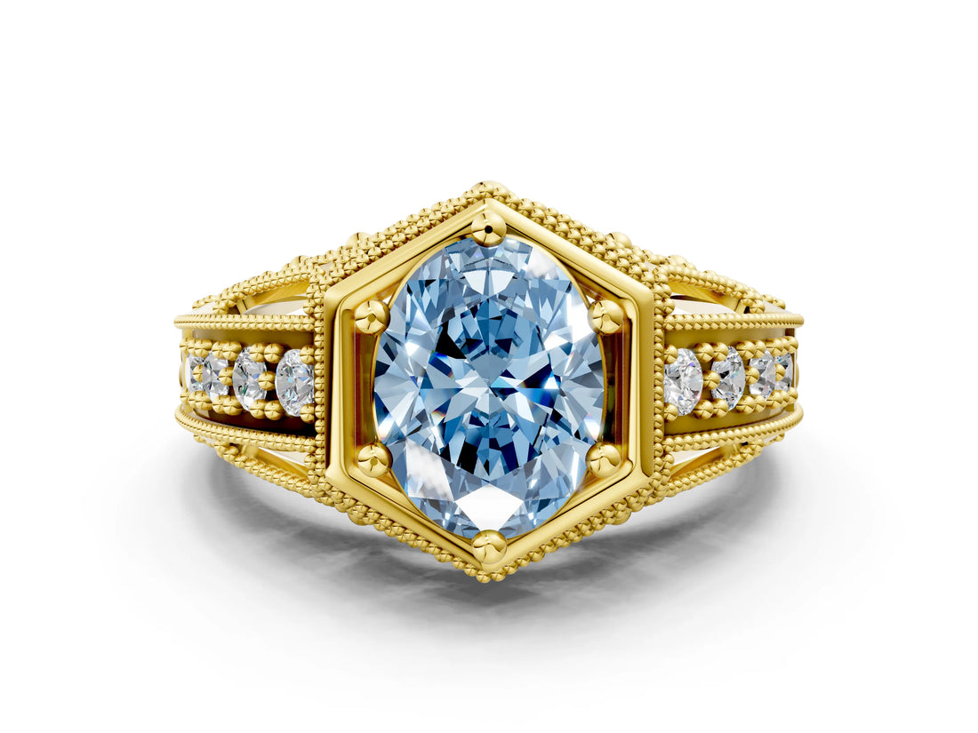 Yellow gold Hexagon Bezel Fancy Blue Oval Cut Diamond Milgrain Split Shank Ring