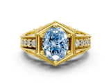 Yellow gold Hexagon Bezel Fancy Blue Oval Cut Diamond Milgrain Split Shank Ring