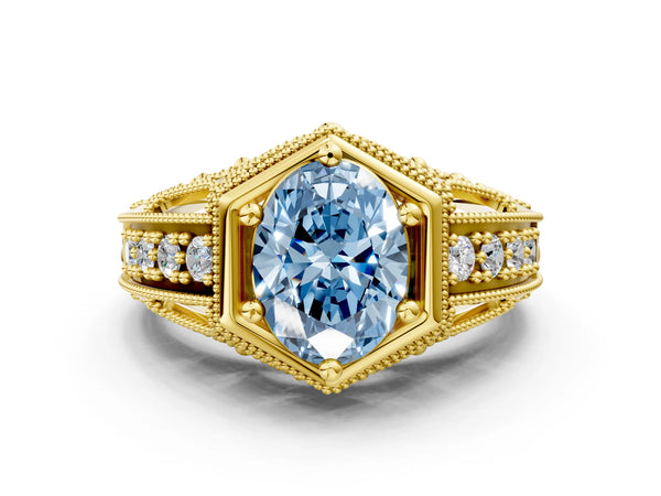 Yellow gold Hexagon Bezel Fancy Blue Oval Cut Diamond Milgrain Split Shank Ring