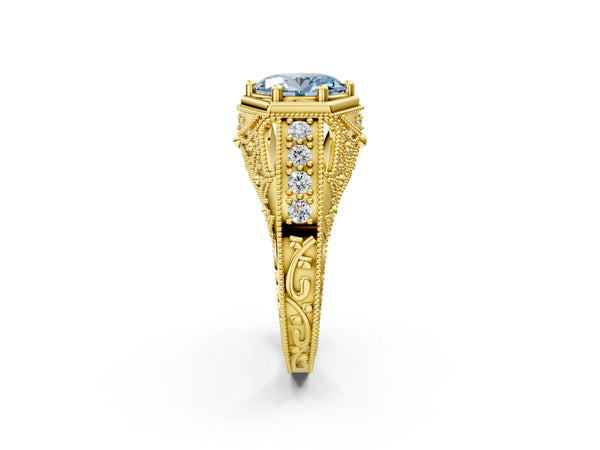 Yellow gold Hexagon Bezel Fancy Blue Oval Cut Diamond Milgrain Split Shank Ring