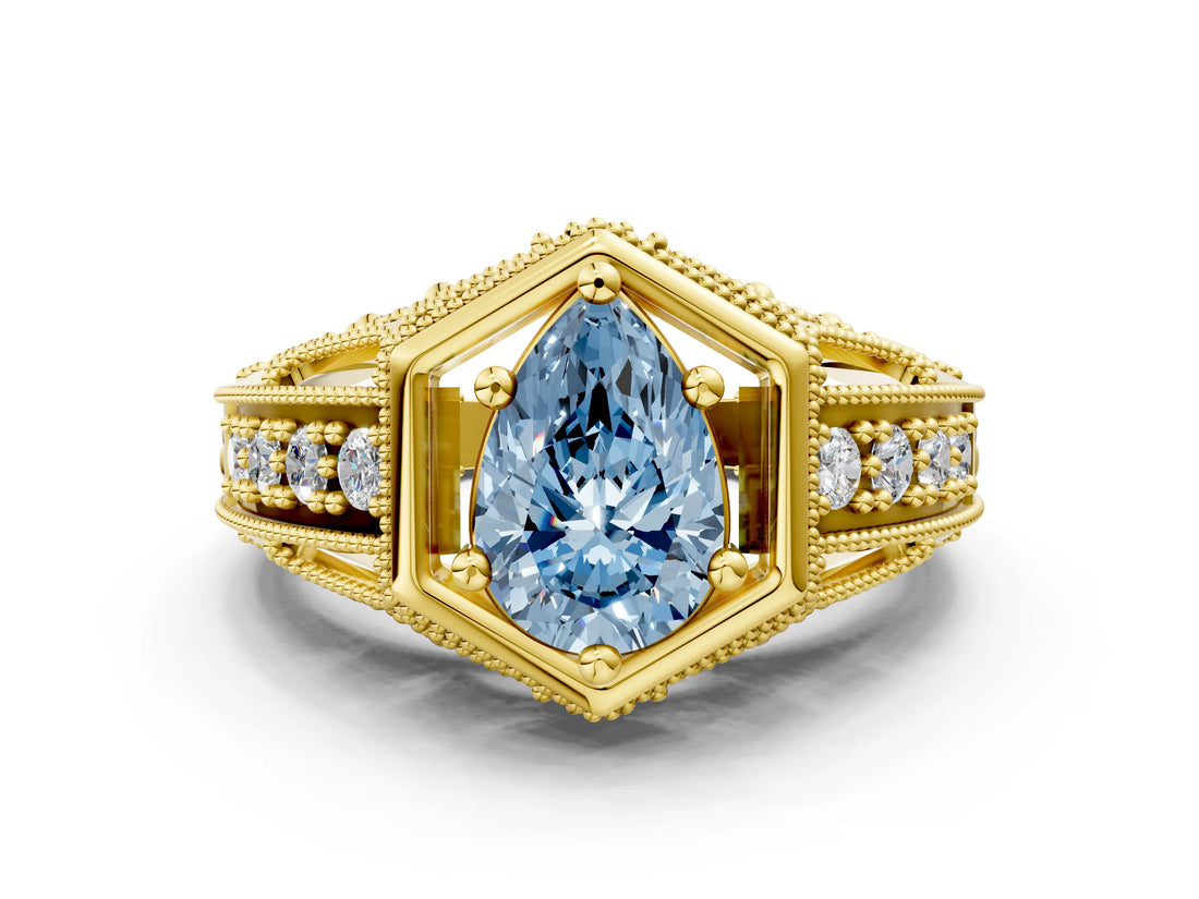 Yellow gold Hexagon Bezel Fancy Blue Pear Cut Diamond Milgrain Split Shank Ring