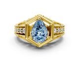 Yellow gold Hexagon Bezel Fancy Blue Pear Cut Diamond Milgrain Split Shank Ring