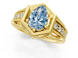 Yellow gold Hexagon Bezel Fancy Blue Pear Cut Diamond Milgrain Split Shank Ring_1