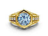 Yellow gold Hexagon Bezel Fancy Blue Round Cut Diamond Milgrain Split Shank Ring