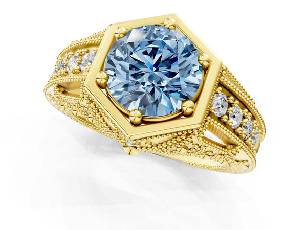 Yellow gold Hexagon Bezel Fancy Blue Round Cut Diamond Milgrain Split Shank Ring