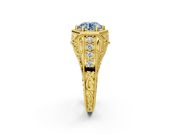 Yellow gold Hexagon Bezel Fancy Blue Round Cut Diamond Milgrain Split Shank Ring