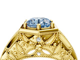 Yellow gold Hexagon Bezel Fancy Blue Round Cut Diamond Milgrain Split Shank Ring_4