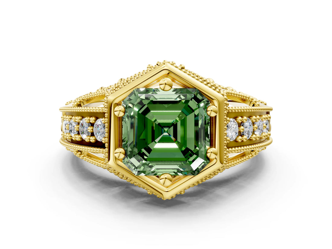 Yellow gold Hexagon Bezel Fancy Green Asscher Cut Diamond Milgrain Split Shank Ring