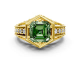 Yellow gold Hexagon Bezel Fancy Green Asscher Cut Diamond Milgrain Split Shank Ring
