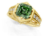 Yellow gold Hexagon Bezel Fancy Green Asscher Cut Diamond Milgrain Split Shank Ring_1