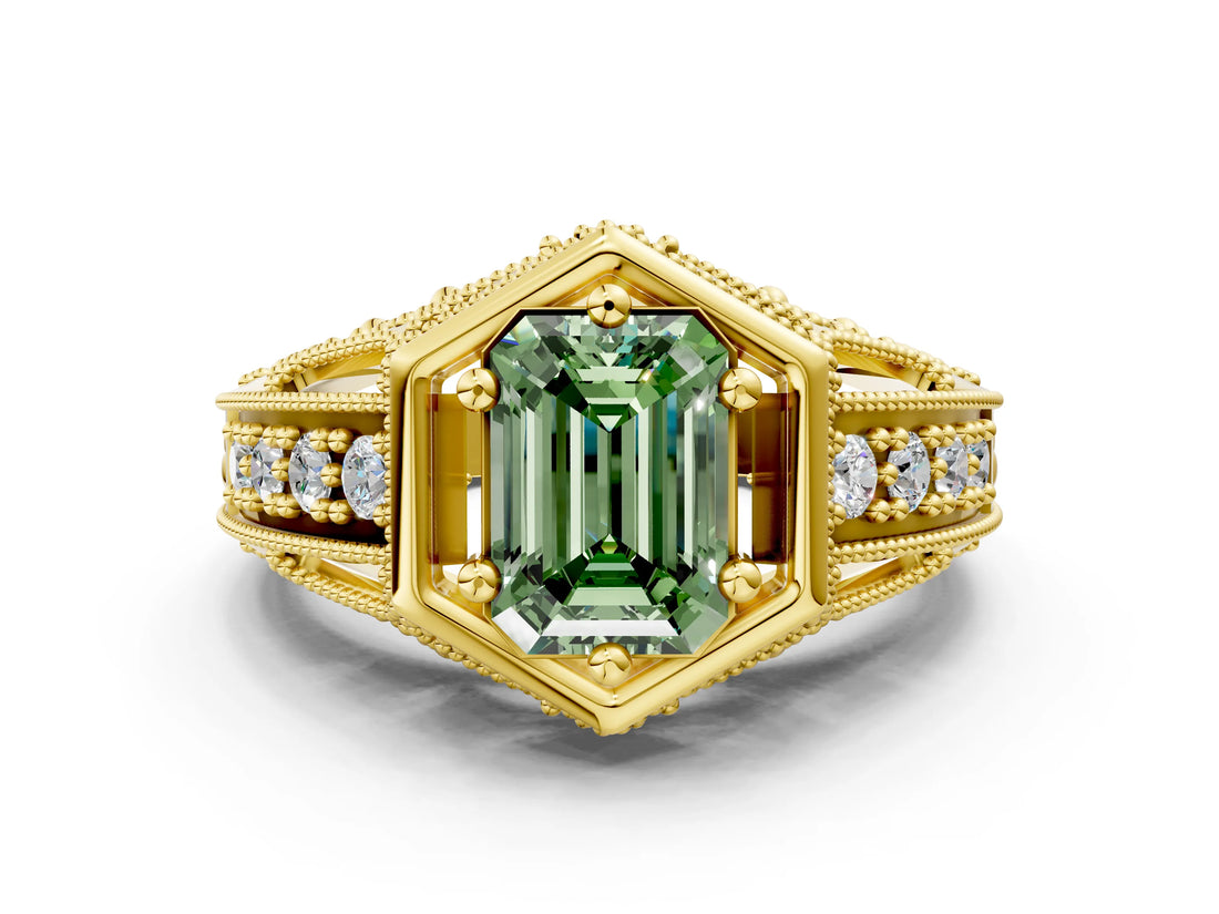 Yellow gold Hexagon Bezel Fancy Green Emerald Cut Diamond Milgrain Split Shank Ring